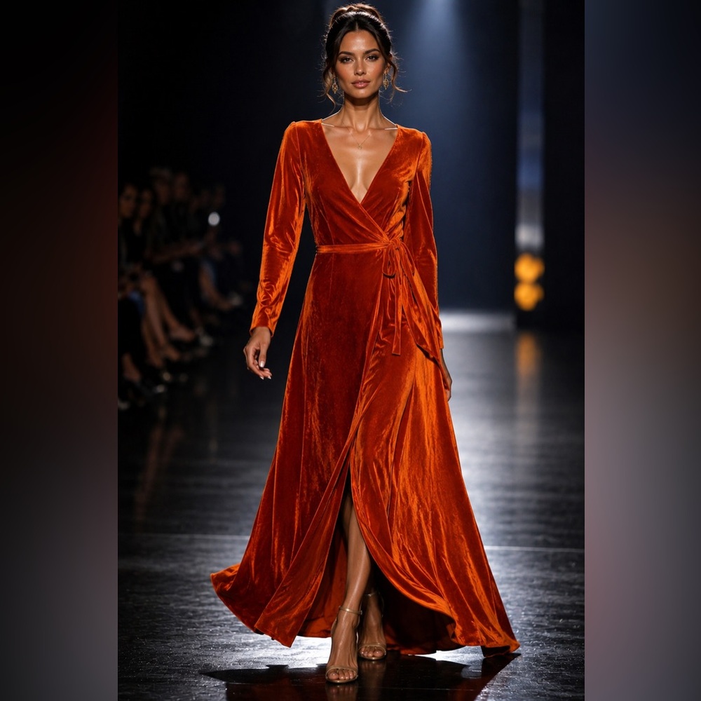 Pomuyoo Velvet Wrap Maxi Dress Burnt Orange Long Sleeve Size 6